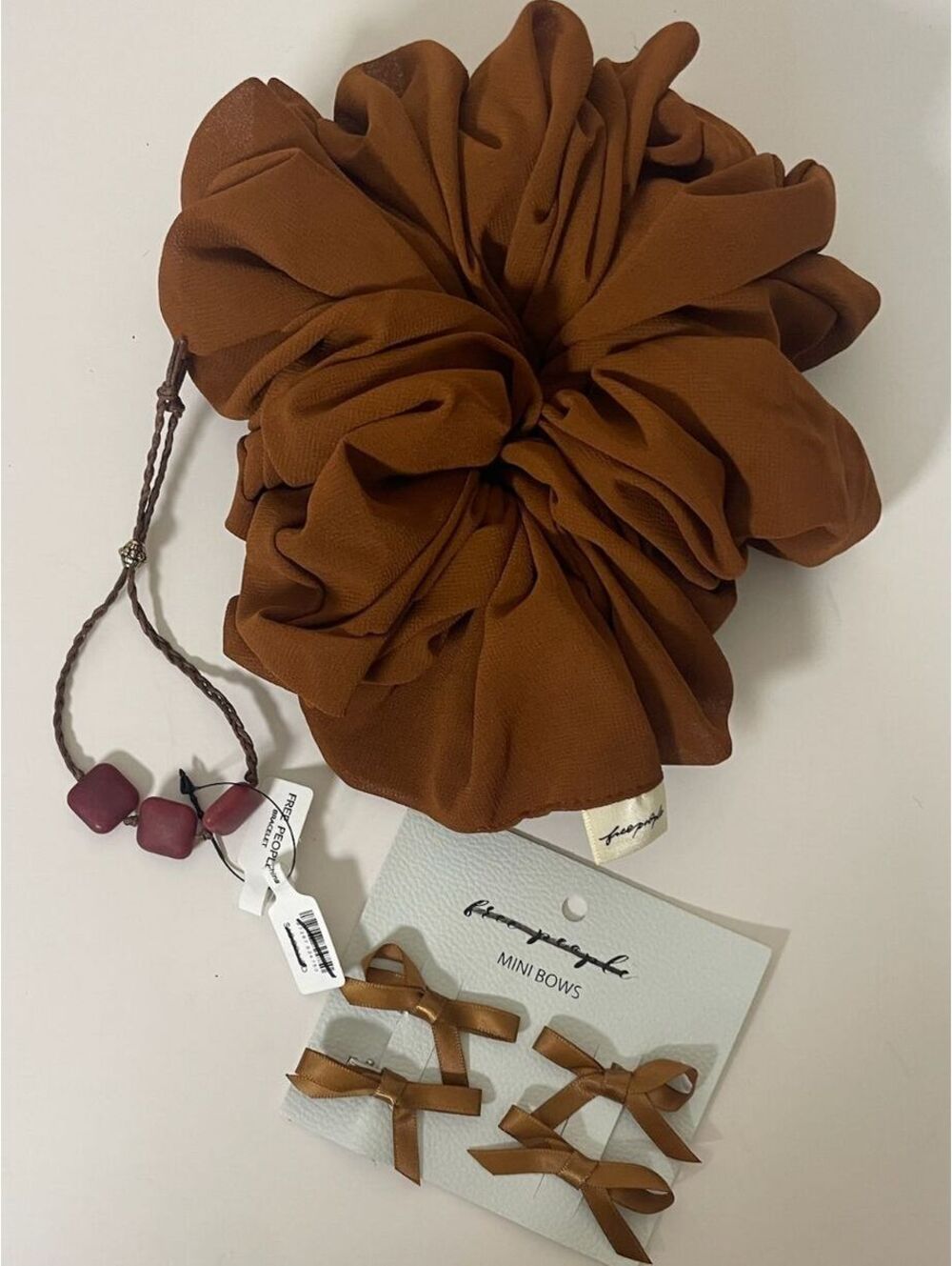 NWT Free People Accessory Set: Mini Bow Clips, Hair Scrunchie, Bracelet